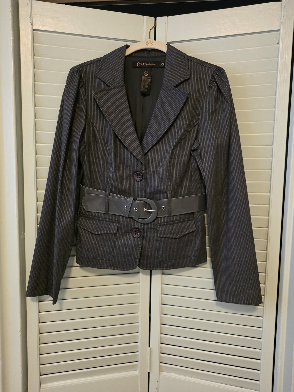 Women's Pinstripe Belted Blazer - Charcoal Gray